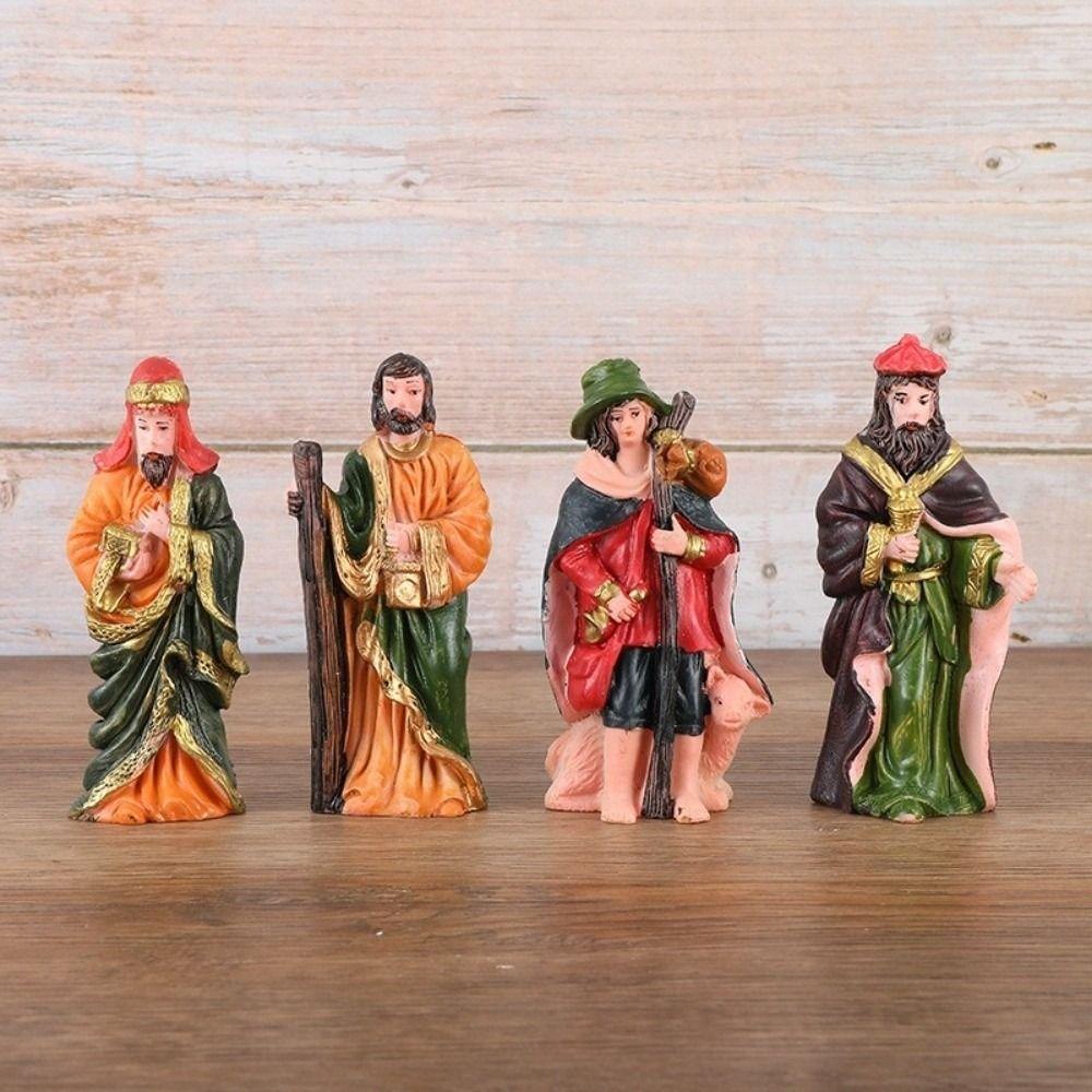 10Pcs/Set Resin Material Nativity Stable Ornaments Hand Drawn Design Tabletop Display Christmas Manger Scene