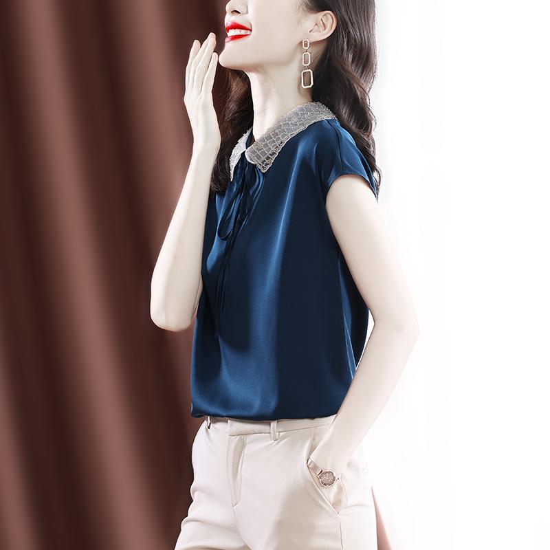 Office Lady Peter Pan Collar Chic Embroidered Flares Blouse Summer Solid Color All-match Drawstring Female Short Sleeve Shirt