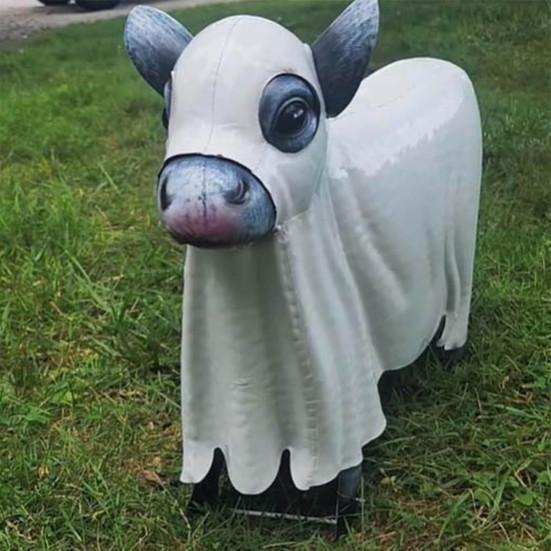 Ghost Cow Statue Halloween Draped Ghost Cattle Figurine Resin Sculpture for Indoor Outdoor Desktop Garden Yard Decor