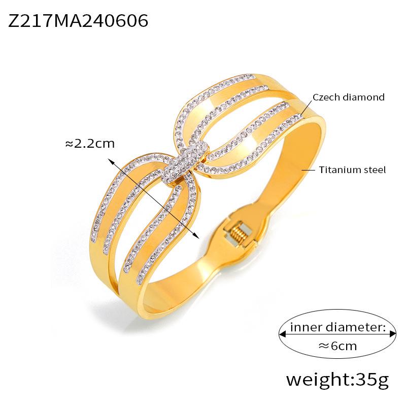 Stylish Titanium Steel 18K Gold-Plated Open Cuff Bracelet with Geometric Design and Inlaid Diamonds for Women
