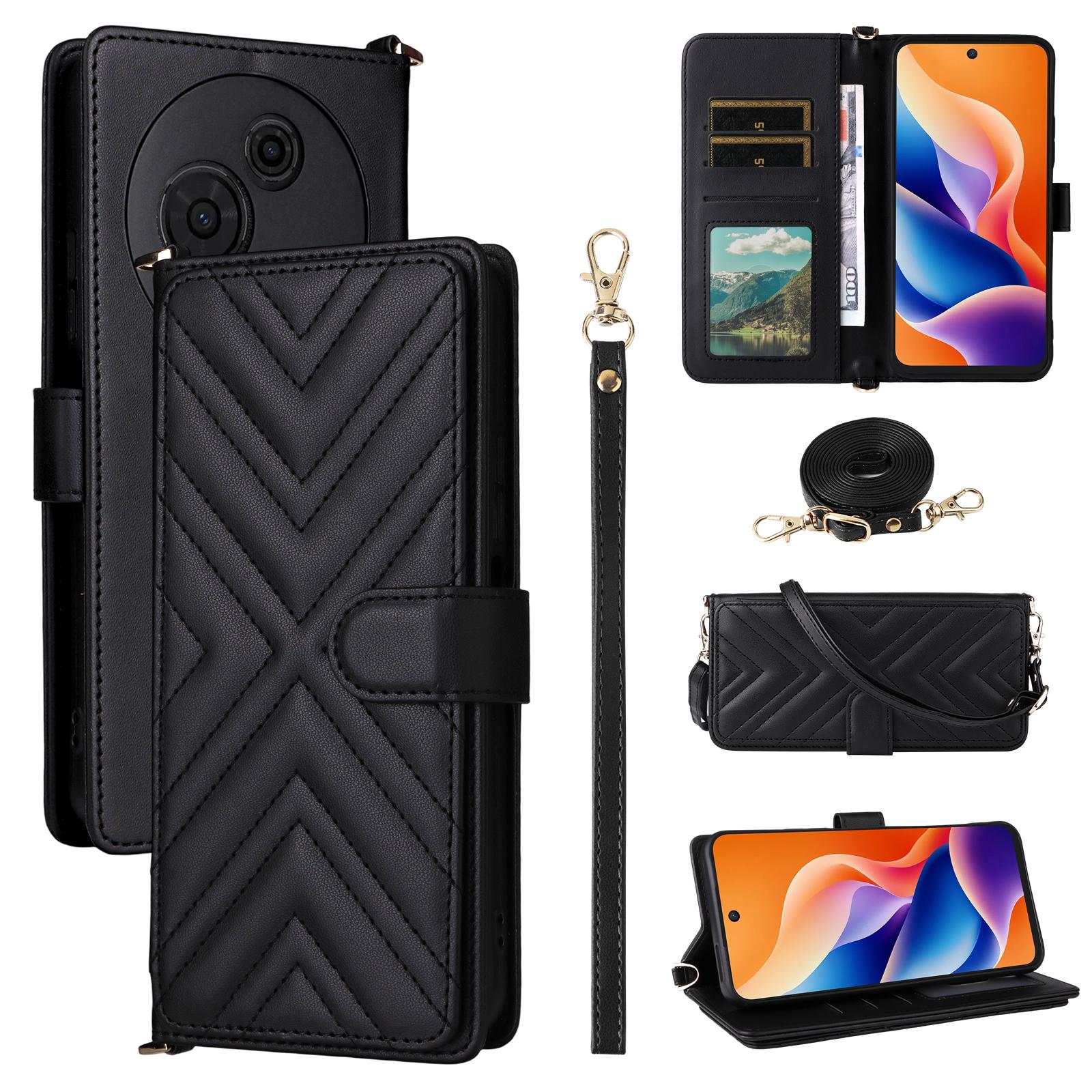 

For TCL 605 4G/60 SE Case with Shoulder/Wrist Strap Leather Phone Cover Stand Wallet Black