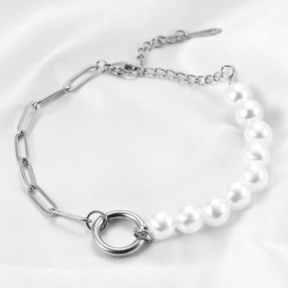 Elegant Faux Pearl Chain Brooch & Titanium Steel Ring Bracelet Set