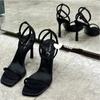 Fashion FHC New Women High Heels Sandals,Square Toe Summer Shoes,Ankle Buckle Strap,French Style,Size 35-39,Black,Dropship