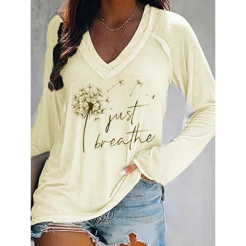 Dandelion print V-neck T-shirt casual long-sleeved top