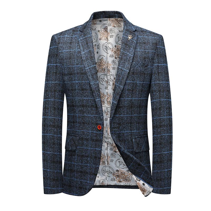 

Мужской повседневный костюм корейской версии Slim Fit Fashion Plaid Mens Suit Single Western Jacket M синий