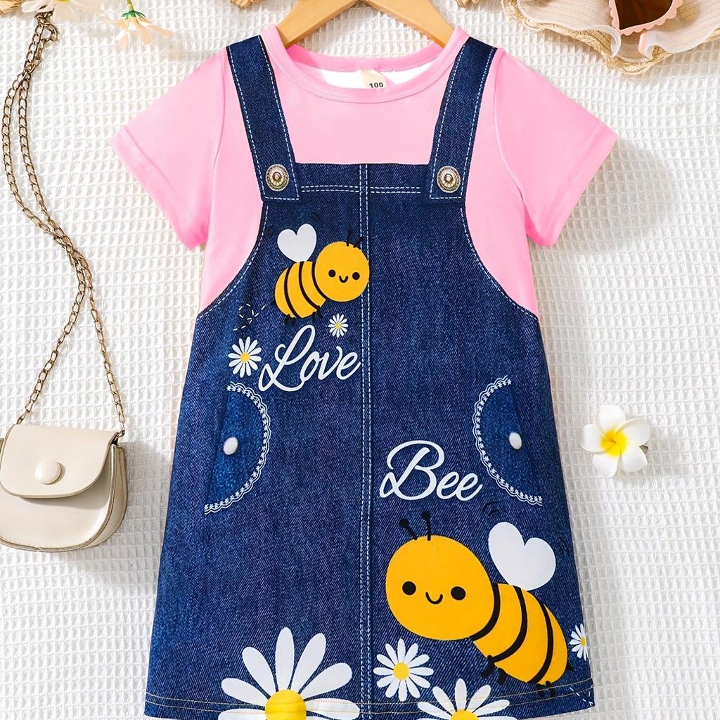 Funny Strap Print Girl Clothes Children Dresses Summer Kids Clothes Round Neck Streetwear Girl Dresses Cartoon Cute Girl Outfits