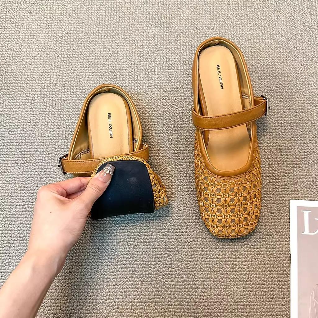 Inner Height Increase of 5cm with Skirt Woven Hollow Bag Head Half Slippers Women's 2025 Summer New Outer Wear Muller Wedge Sandals