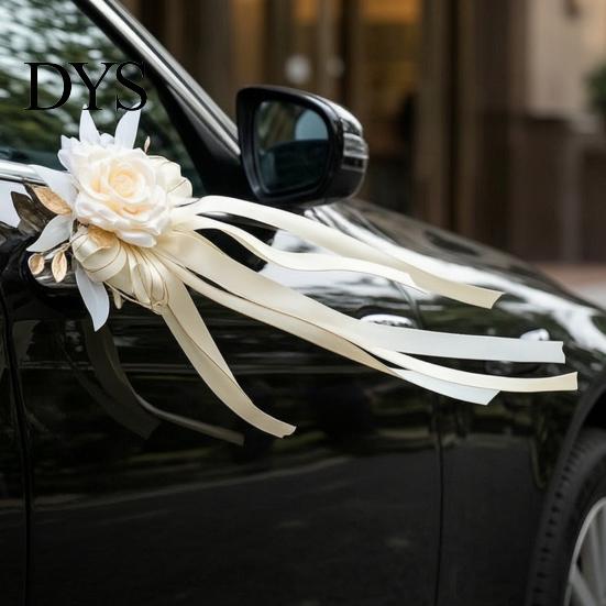 Champagne Rose Car Handle Decor Wedding Artificial Rose, Door Rearview Mirror Flower Reusable Decorative with Ribbon Bow, Suction Cup, Bridal