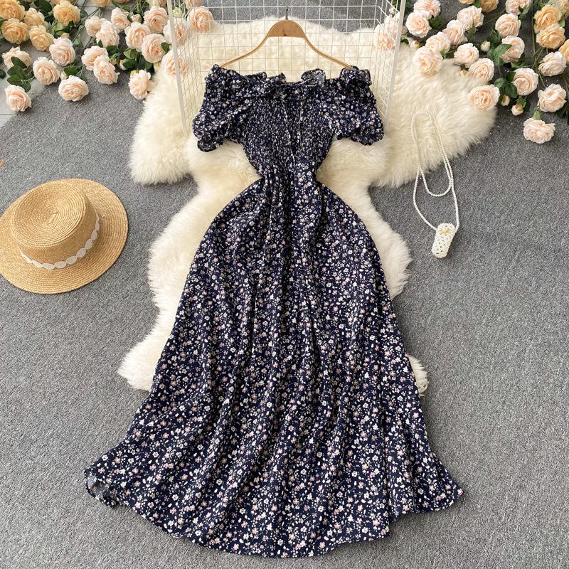 French Retro Floral Slimming High-Waist Long Dress with Pleated Drawstring and Big Swing Hem