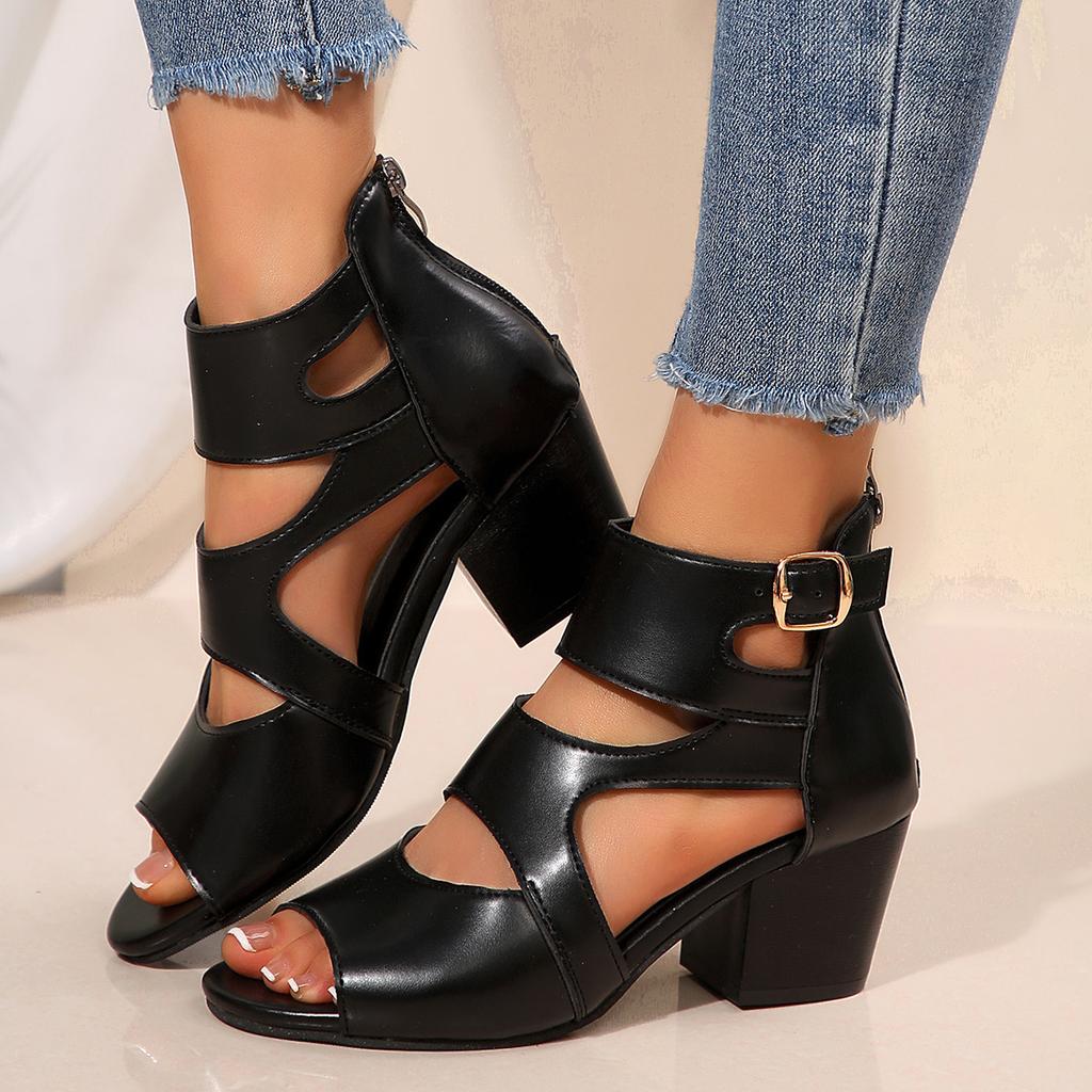 Roman sandals thick heel high heels fish mouth open toe large size sandals