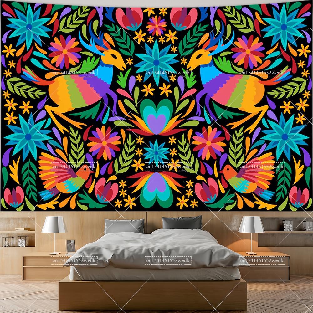 Mexiko Blumenteppich Mexikanische Pflanze Blumen Stickerei Ethnisch Otomi Vögel Wandteppiche Ästhetische Raumdeko Illustrationen Hintergrund