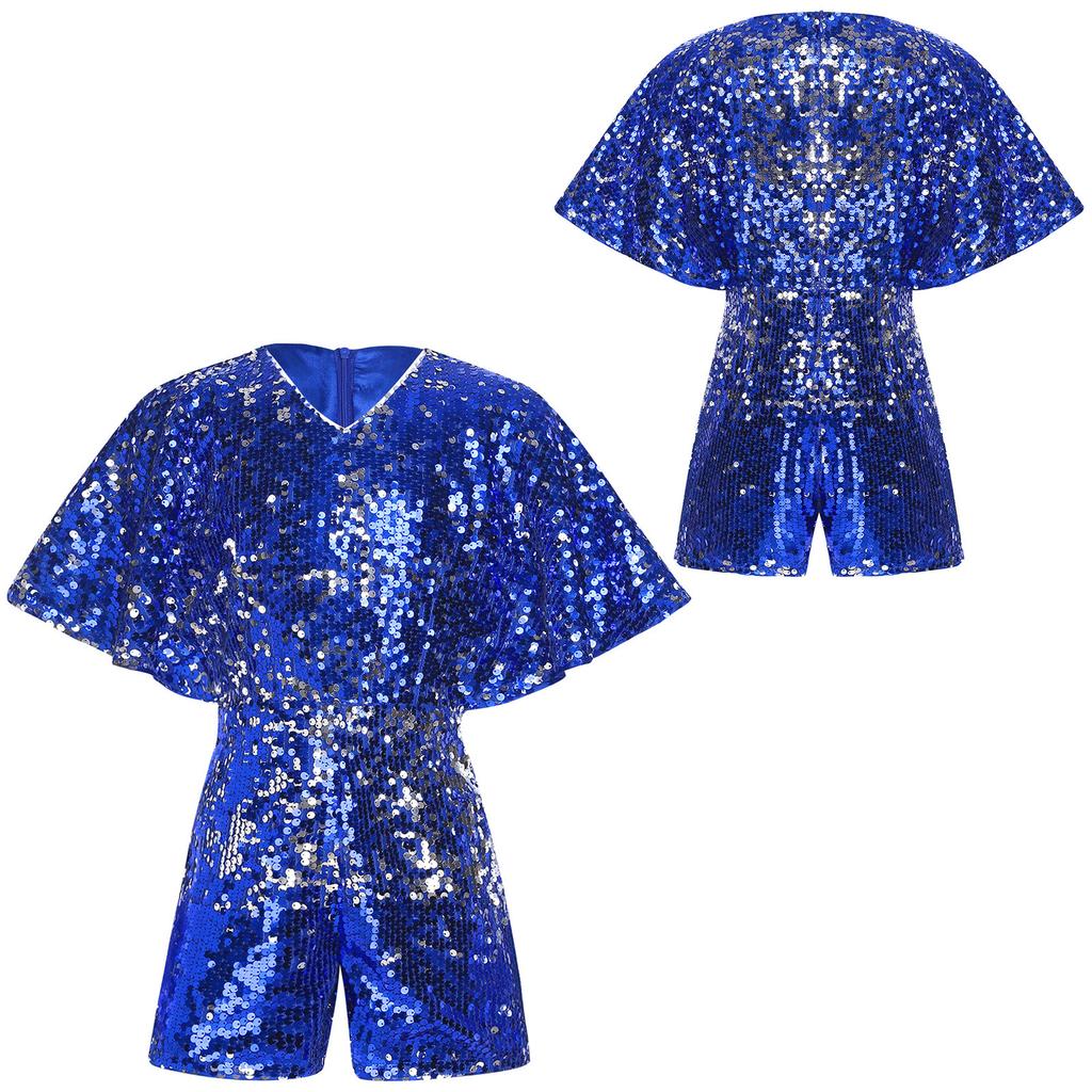 Complete Party-Ready Jumpsuit for Girls: Sparkling Sequins V-Neck Cap Sleeve Bodysuit, Perfect for Photos & Special Events