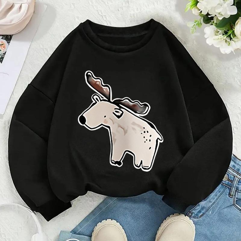 Kids Crewneck Sweatshirt, Spotted Moose with Antlers Graphic Print,Spring Autumn Casual Sport Tops