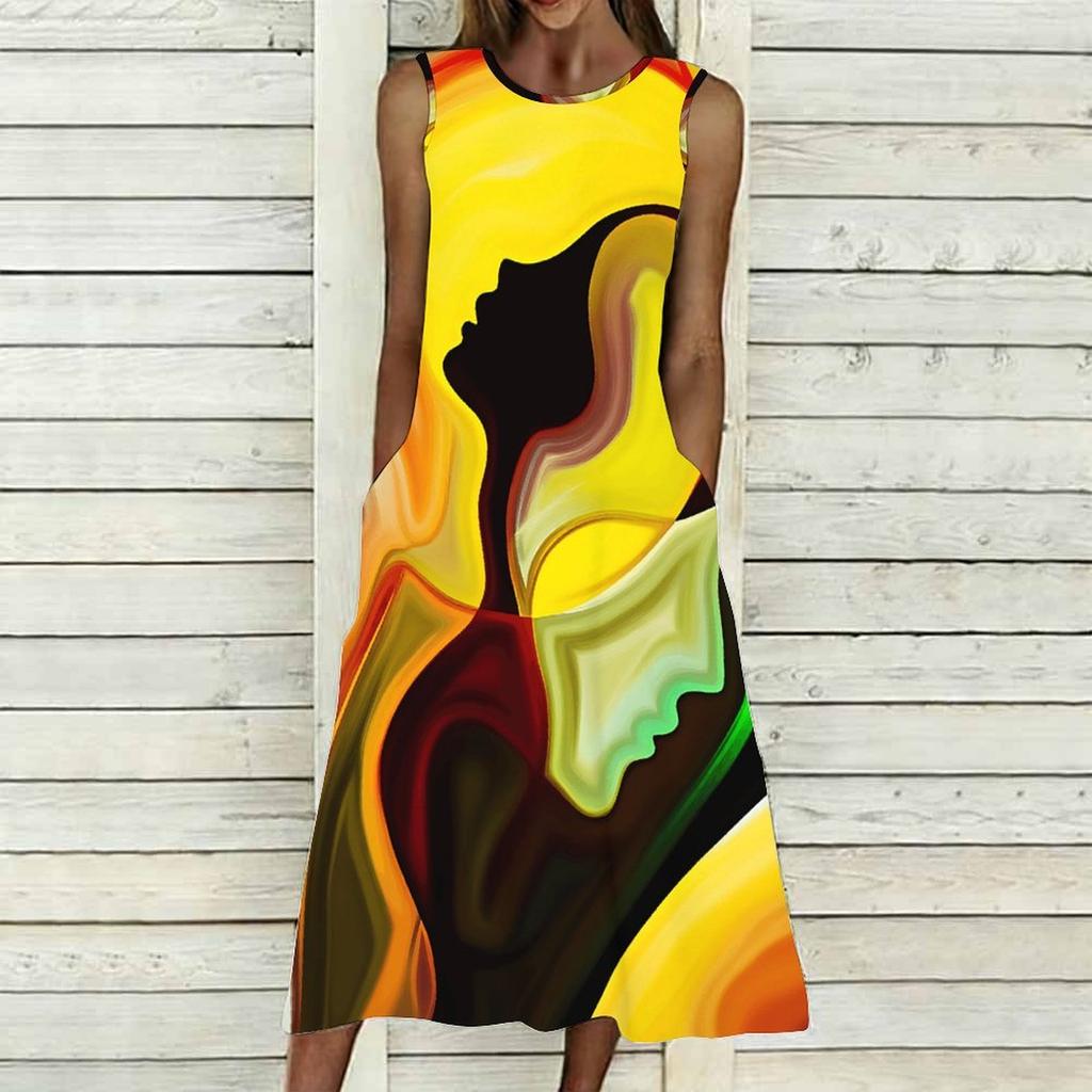 Plus Size Ladies Sleeveless Crew Neck Dress Exotic Palm Floral Printed Flowy Calf Length Outfit