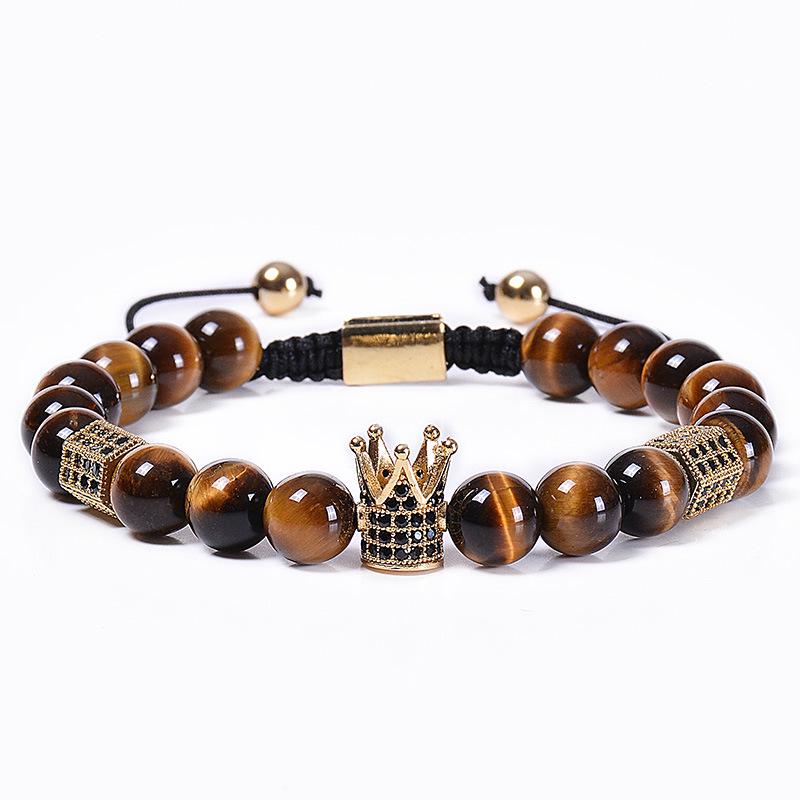 Natural Tiger Eye Stone Crown Bracelet, Natural Stone Copper Micro Inlaid with Zircon, Hexagonal Elastic Bracelet