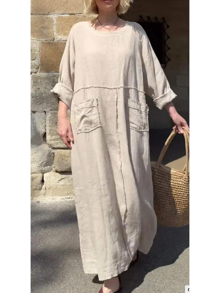 2026 Grenzüberschreitendes Sommer-Freizeitkleid für Damen, Rundhalsausschnitt, Baumwoll-Leinen, Langarm, mit Falten und doppelten Seitentaschen