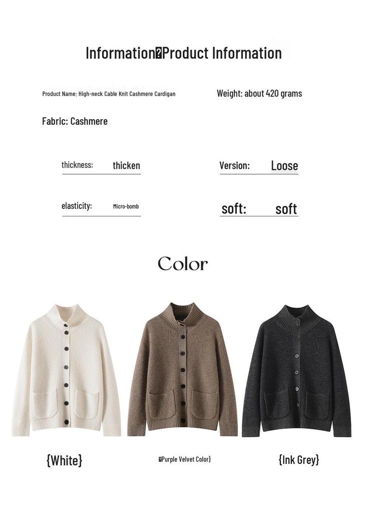 Lekasha Cashmere Half-High Neck Knit Cardigan with Pockets - Thickened Plain Color Top for Autumn/Winter.