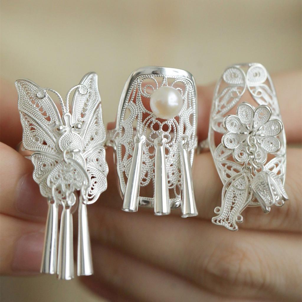 3Pcs Fashionable Ethnic Finger Rings Vintage Hollow Out Chinese Style Rings Set Fashion Alloy Jewelry for Women