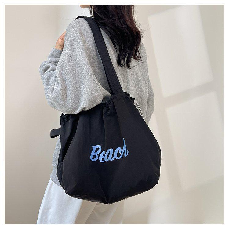 Korean Style Women's Large Nylon Tote with Letter Print, Drawstring, and Single Shoulder Strap
