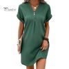 Summer Women Dress V Neck Button Short Sleeves Loose Solid Color Pullover Casual Daily Wear Dating Mini Dress