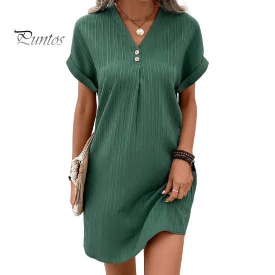 Summer Women Dress V Neck Button Short Sleeves Loose Solid Color Pullover Casual Daily Wear Dating Mini Dress