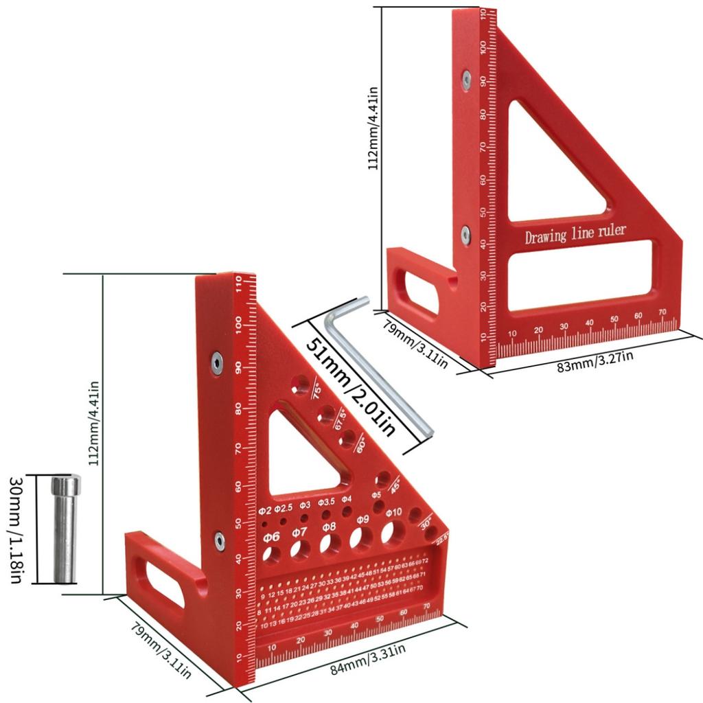 Aluminum Alloy Red Miter Triangle Ruler 45°/90° Woodworking Square Protractor - 3D Multi Angle Layout Measuring Tools