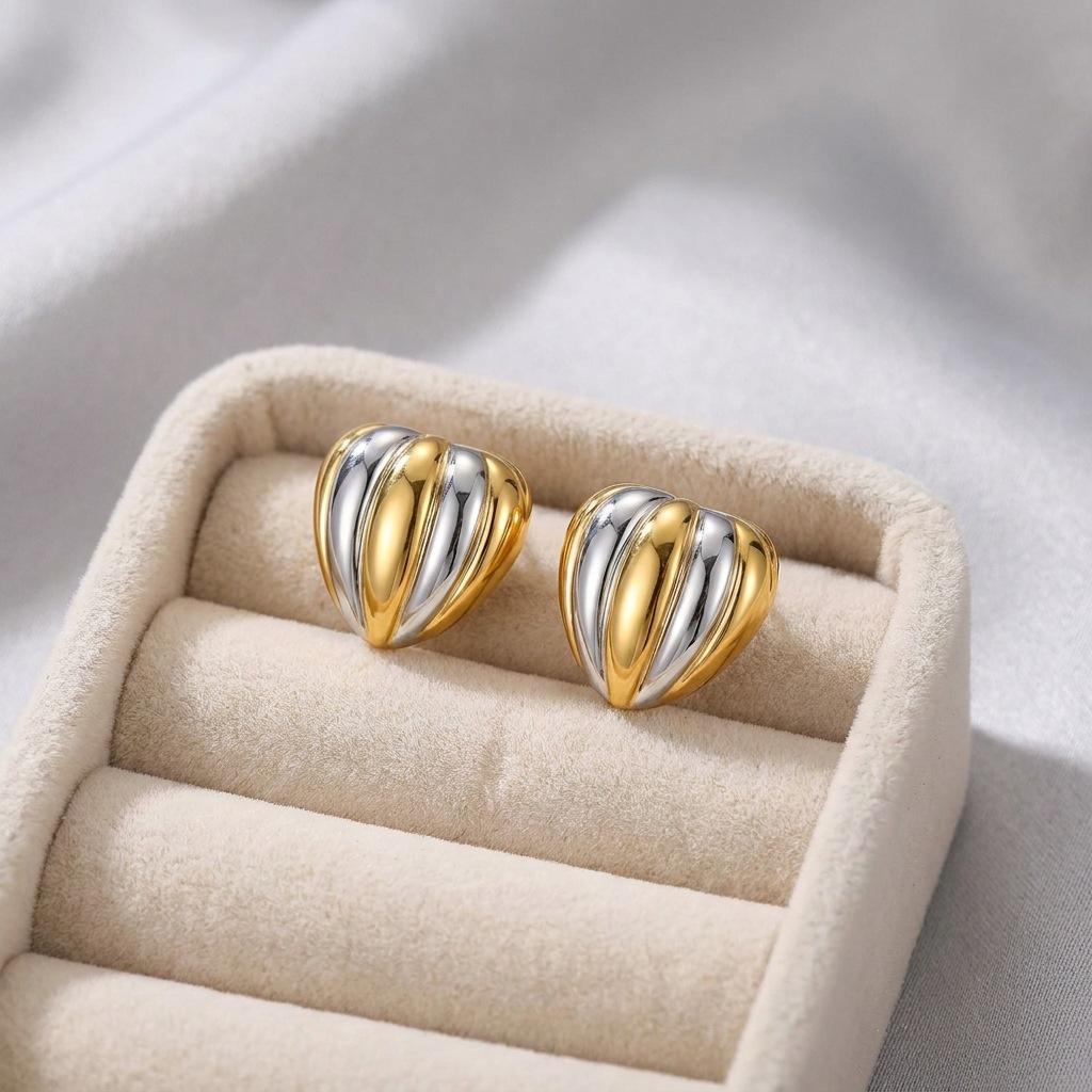 INSSGG Luxurious Gold & Silver Striped Heart Earrings - European & American Style Niche Accessories
