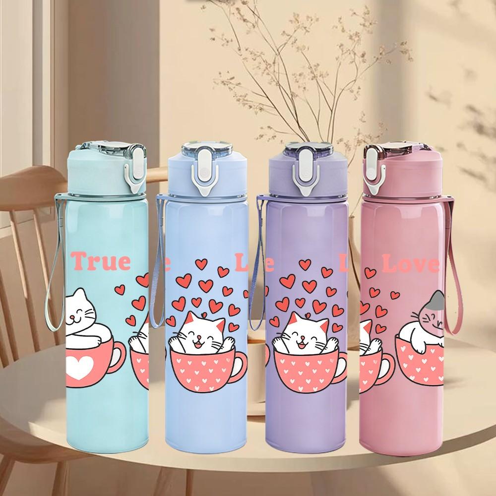 1PC True Love Tea Cups Print 750ml Color Plastic Sports Water Bottle Leakproof Flip Straw Lid Suitable for Sports Office Home Use