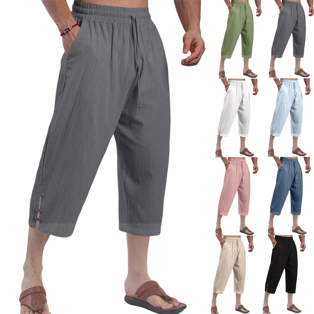 Pánské bavlněné a lněné kalhoty, letní kalhoty, plážové kalhoty, elastický pas se stahovací šňůrkou