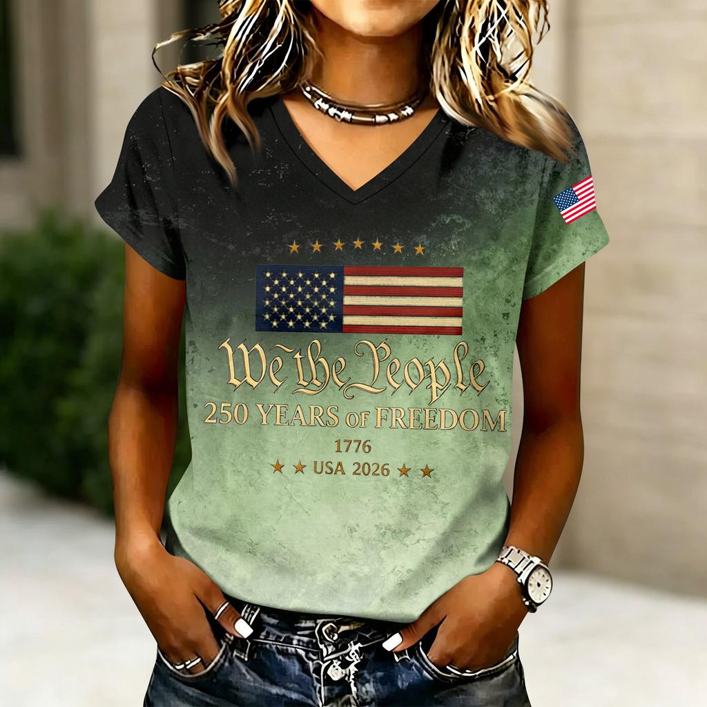 Women's V-Neck Short Sleeve T-Shirt - Anniversary 1776-2026 Letter Print, Casual Summer Top Tee