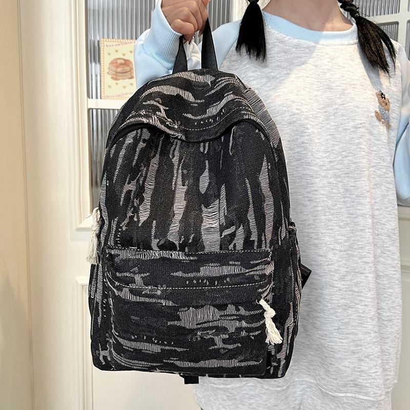 Denimryggsekk med stor kapasitet i collegestil, student-skolesekk, damereiseveske