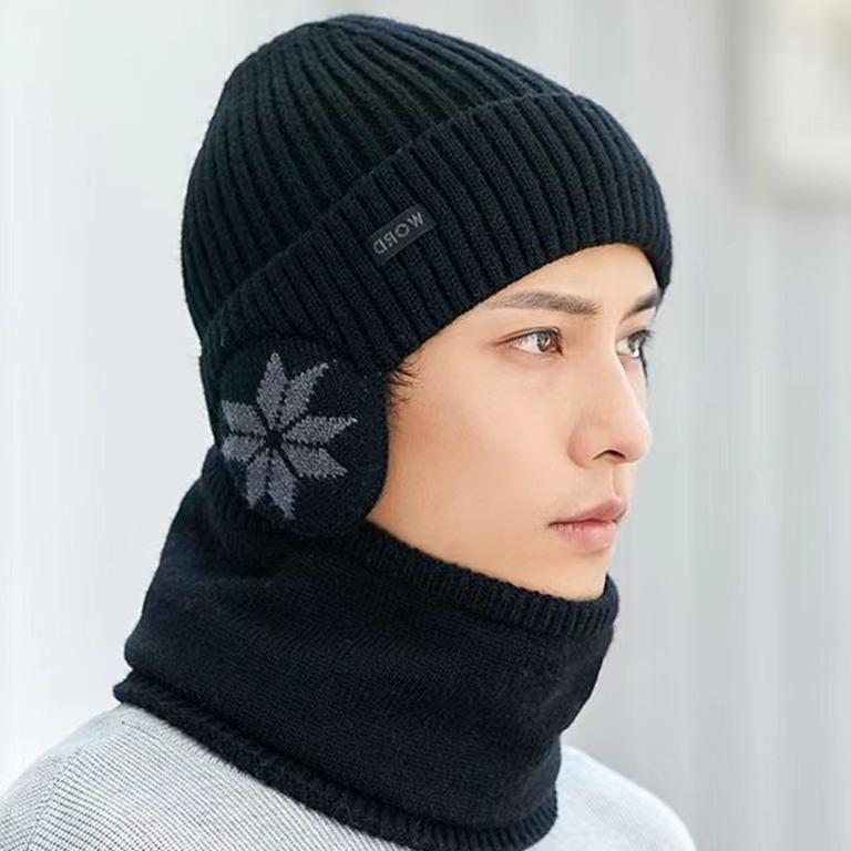 Men's Winter Knitted Wool Hat with Ear Protection, Plus Velvet, Windproof, Warm, Versatile Pullover with Large Brim.