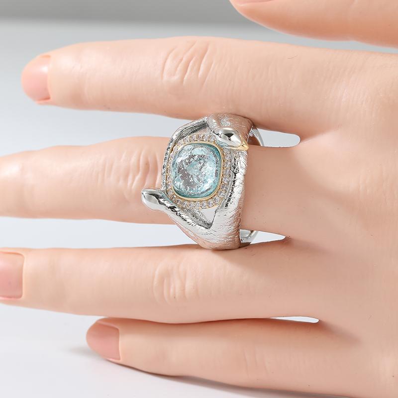 Vintage Inlaid Blue Stone Eagle Women's Ring Trendy Two Color Hand Carving Daily Wear Party Jewelry Anniversary Gift