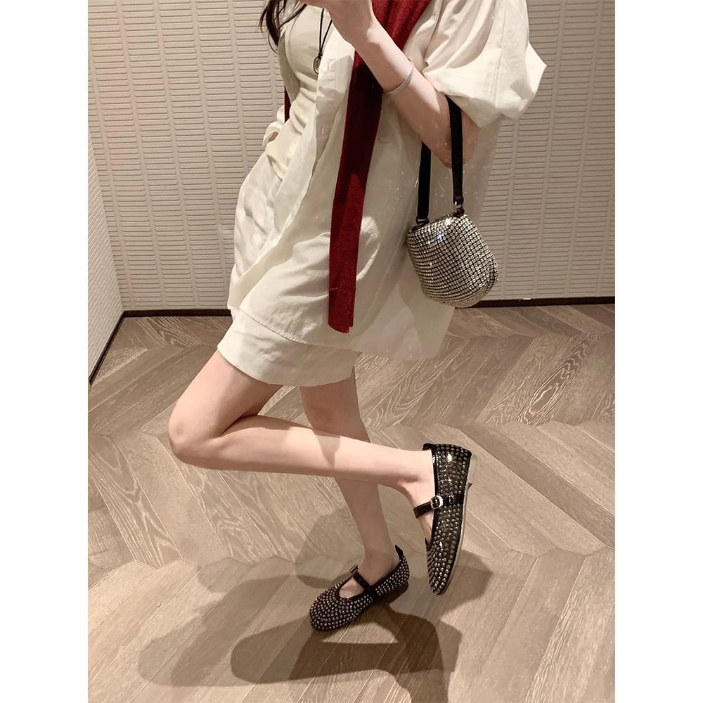 [sheii Su Yinyin] Single Shoe Version~ Rhinestone Mesh Yarn Breathable Flat Bottom Buckle with Mary Jane Single Shoes Women's Ballet Shoes