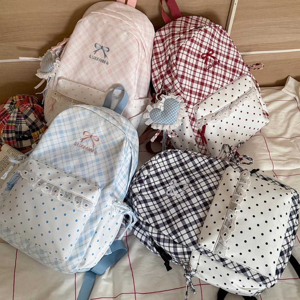 Schoolbag Sea Salt Blue and White Plaid Splicing Lace Backpack Sweet Junior High School Schoolbag Women Travel Small Backpack