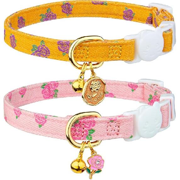 2 Pack Cotton Breakaway Cat Collar Pink Strawberries and White Heart Shaped Pendant Cute Kitten Cat Collar with Bell