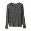Damen Slim Fit Langarm Rundhals T-Shirt mit geripptem Henley-Kragen
