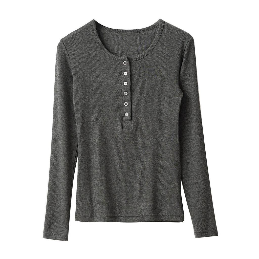 Damen Slim Fit Langarm Rundhals T-Shirt mit geripptem Henley-Kragen