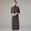 Women's High-Neck Cashmere Knit Dress - Button-Up, Knee-Length, Thick for Autumn/Winter