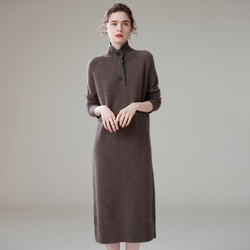 Women's High-Neck Cashmere Knit Dress - Button-Up, Knee-Length, Thick for Autumn/Winter