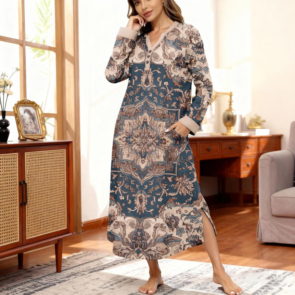 Women's Nightgown Long Loungewear V-neck Nightdress With Pockets