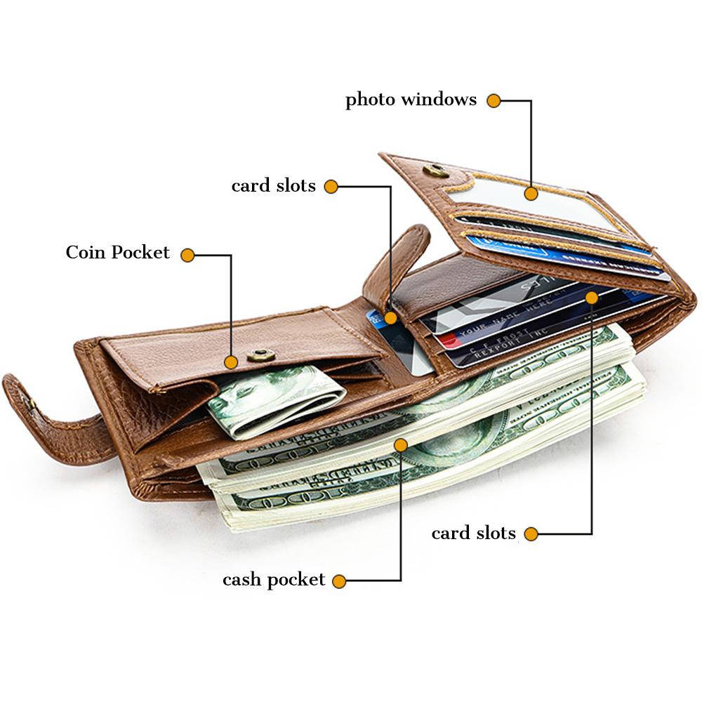 Men's Full-Grain Cowhide Leather Bifold Wallet with Coin Pocket - Slim & Durable