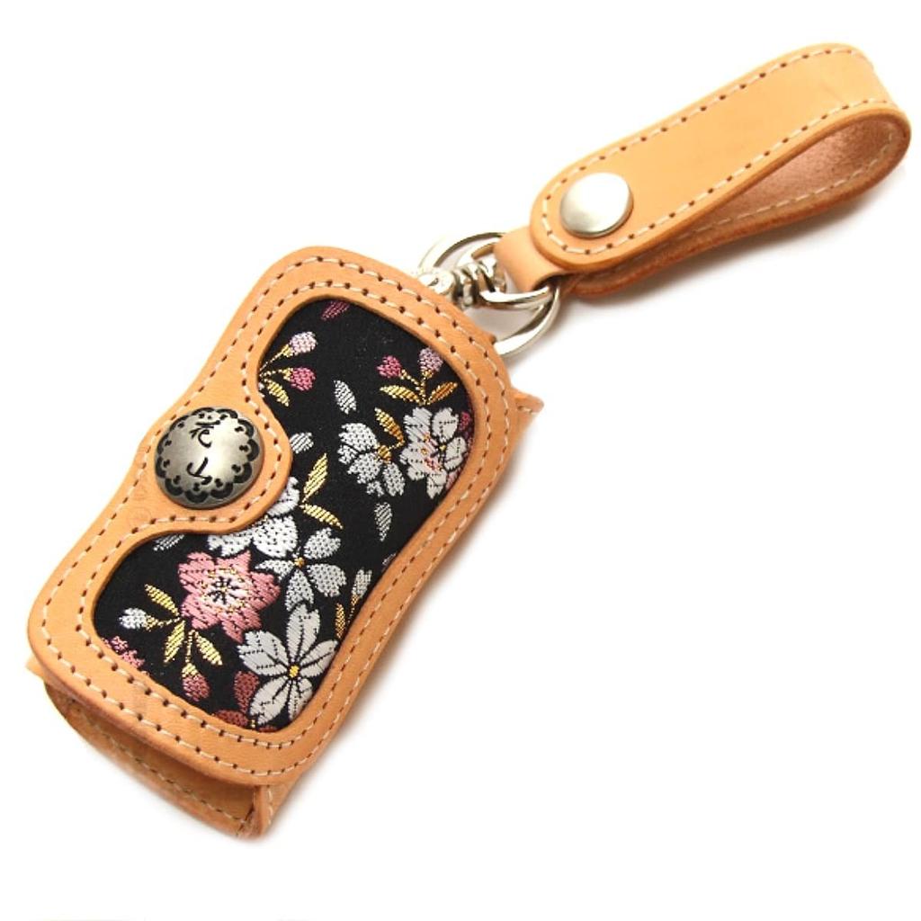 DEGNER Hanayama Key Case 4 Hooks Brocade Fabric Kyoto Cowhide/Gold Sakura/Tan K-6K