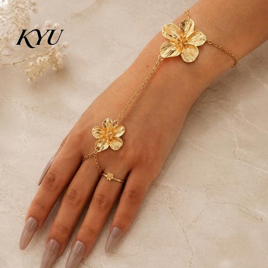 Minimalist Floral Wrist Decor Gold Flower Hand Chain Link Bracelet with Finger Ring for Layered Accessory Women, Hibiscus Flowers O Bracelet,