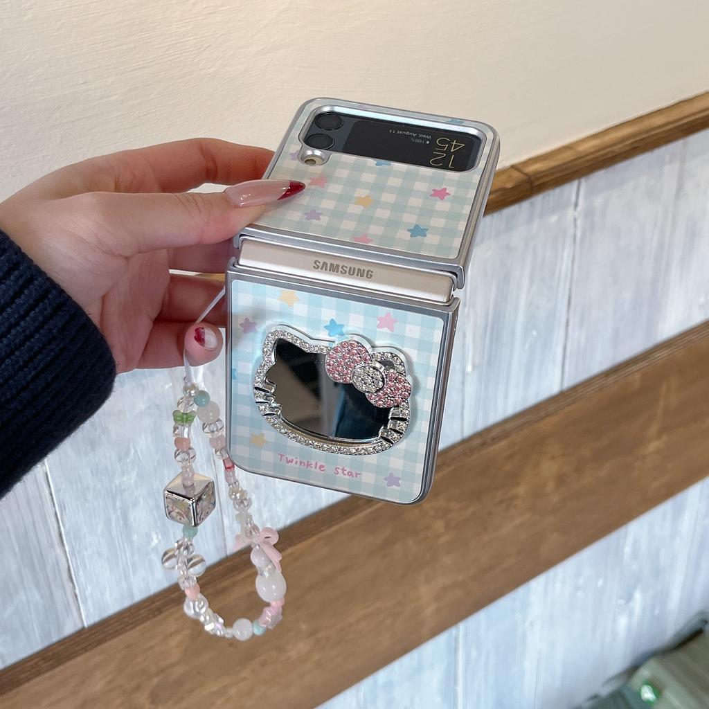 Cute Kawaii Hello Kitty Phone Case with Rhinestone Mirror Beaded Lanyard For Samsung Galaxy Z Flip 7 6 5 4 3 Plaid Star Foldabl