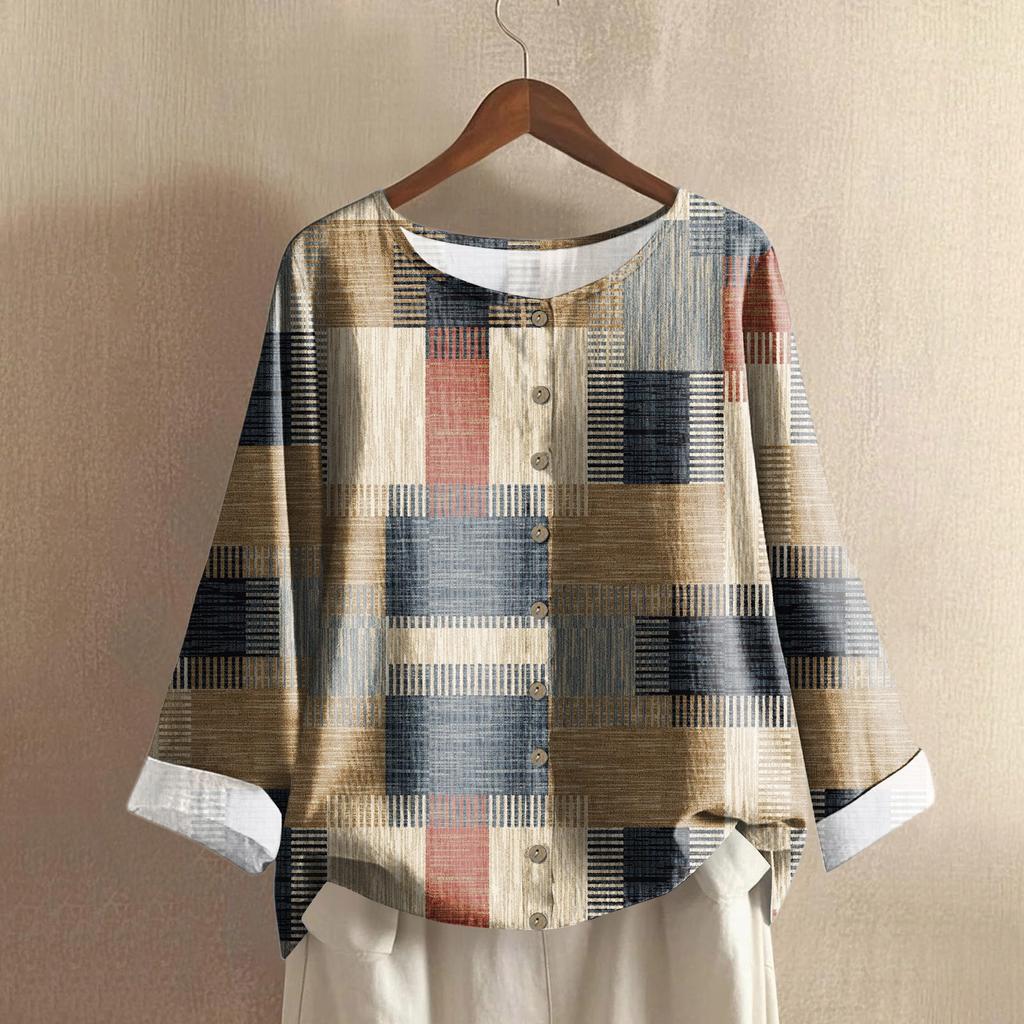 Women's Casual Long-sleeved Round Neck Retro Geometric Print Cotton And Linen Top