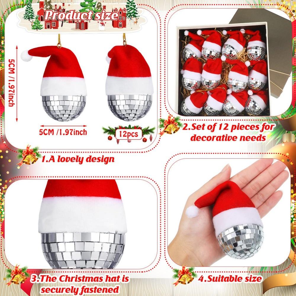 12pcs Christmas Decoration Balls Red Christmas Hat Mirror Disco Ball Pendant Xmas Tree Hanging Ornaments Home Party Decoration Gift