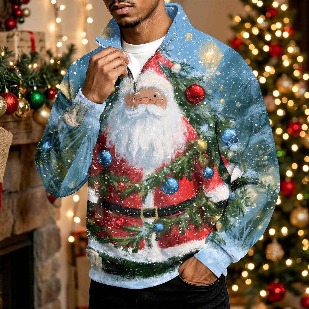 Herren Freizeit-Sweatshirt mit Viertelreißverschluss und Stehkragen mit Weihnachtsdruck für die Feiertage