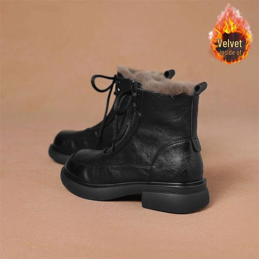 

Women s Winter Thick-Soled Martin Boots – British Style, Fleece-Lined, Lace-Up Ankle Boots for Warmth in Snow, Available in Black and Brown. 35