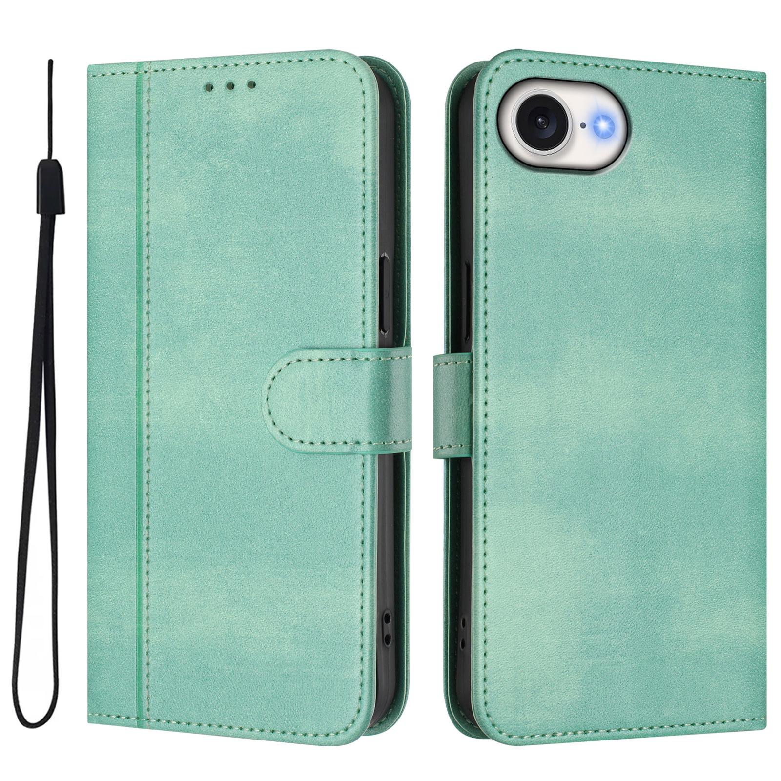 

For iPhone 16e Case Wallet Stand Retro Texture Leather Phone Cover with Lanyard Mint Green